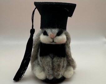Needle felted wool floppy ear bunny, rabbit, sweet, bowtie, formal, graduation,graduate,high school, college, son, boy, man, child,gift,gray