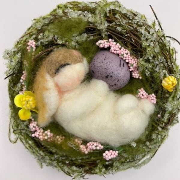 Needle felt wool bunny rabbit,curled up,sleeping,Easter egg,birds nest,springtime,summer,sweet,colorful flowers,snoozing,purple,pink,yellow,