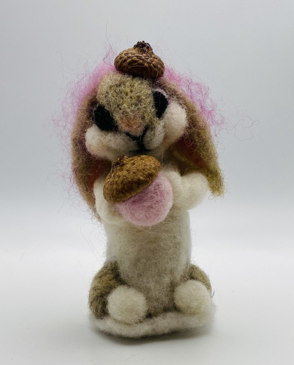 Acorn Rabbit Needle Felted Wool Bunny, Rabbit, Acorn Hat, Pink Hair, Smiling, Sweet ...