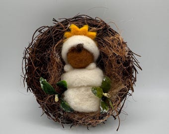 Needle felted wool dark skin baby Jesus curled up on a bed of soft hay and sticks,sleeping,manger,religious,Christmas,ornament,handmade gift