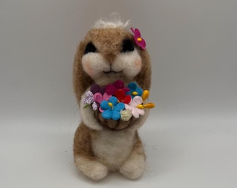 Needle felted wool,sitting bunny,rabbit,flowers,holding bouquet,colorful,Easter,springtime,sweet,holiday,basket,droopy,,floppy ears,gift,lop