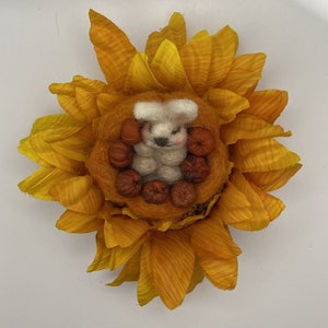 May include: A white felt bunny nestled in a bed of orange felt pumpkins inside a yellow felt sunflower.