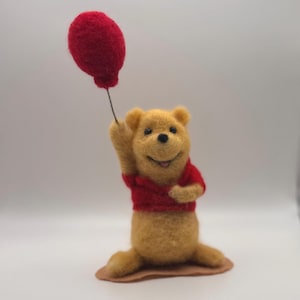 Needle felted wool, Winnie the Pooh, sitting, holding red balloon, happy, sweet, adorable headband Disney Characters, friends, gift
