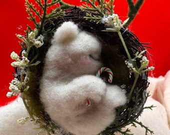 Needle felted wool white polar bear cub,baby,curled up nest,sleeping,holding candy cane,winter, Christmas gift, ornament,handmade gift,nap