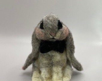 Needle felted wool floppy eared bunny, rabbit, prom, bow tie, formal, handsome, gray, black, silly, funny, handmade, gift,lop,hare