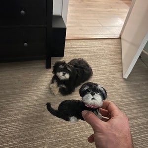 May include: Two black and white felt dog figurines. One is larger and sitting on the floor, the other is smaller and being held in a hand.