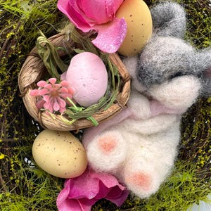 Needle felt wool mouse,curled up hugging pink tail,,sleeping,Easter egg basket,birds nest,springtime,summer,sweet,colorful flowers,snoozing
