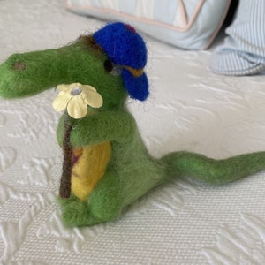 Needle felted wool aliigator, crockodile, crock, green, sweet, gentle, flower, teeth, tie, baseball hat, silly, funny, love, handmade gift