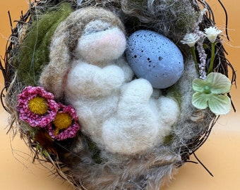 Needle felt wool bunny rabbit,curled up,sleeping,Easter egg,birds nest,springtime,summer,sweet,colorful flowers,snoozing,purple,pink,yellow,