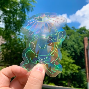 Frog Rainbow Suncatcher Sticker | Frog with a Flower Umbrella Suncatcher Sticker, Holographic, Window Sticker, Window Cling, Rainbow Prism