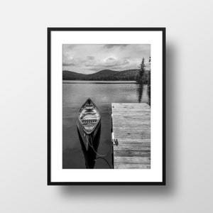 Canoe and Wooden Dock on Lake - Northern Ontario Cottage Country Landscape - Canadian Wilderness Print - Black and White Photography of Pier