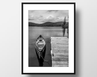 Canoe and Wooden Dock on Lake - Northern Ontario Cottage Country Landscape - Canadian Wilderness Print - Black and White Photography of Pier