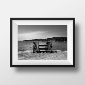 Muskoka Lake Print: Black and White Dock Chairs, Ontario Landscape