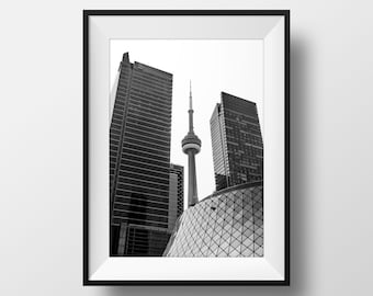 Toronto Skyline Print: CN Tower & Roy Thomson Hall - Minimalist Black and White