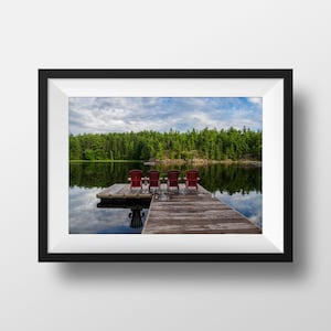 Red Muskoka Chairs Lake Print: Canadian Cottage Dock Photography