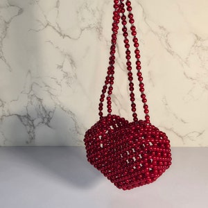 Heart Shaped Bag| Pearl Bag| Beaded Bag| Preciosa Czech bead bag| Clutch Beaded Bag| Red heart bag| Red heart beaded