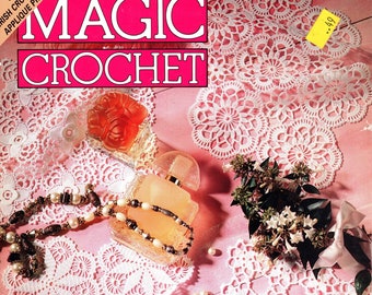 May include: A magazine cover for Magic Crochet, issue number 101, April 1996. The cover features a pink background with white crocheted doilies, pearls, and perfume bottles. The text on the cover reads "Magic Crochet", "Three Highly Decorative Afghans", "Tablecloths and Mats, Curtains and Cushions", "Impact Crochet Decor, Patchwork and Filet", and "Seven Irish Crochet and Applique Projects".