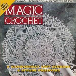 May include: A magazine cover for Magic Crochet magazine, featuring a white crocheted doily, the text "Magic Crochet", and the words "Quick and Easy Christmas Gifts and Decor".