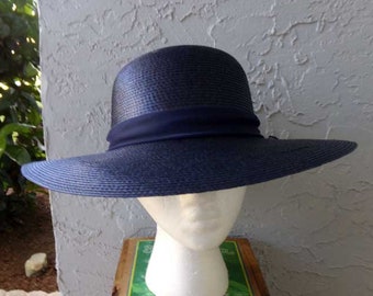 Blue floppy hat, vintage floppy hat, faux straw floppy hat, Navy Blue hat, vintage navy blue floppy hat, Arlin floppy hat