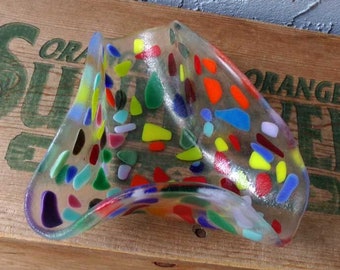Fused glass bowl, rainbow color glass bowl, fused glass art bowl, vintage serving bowl, trinket dish