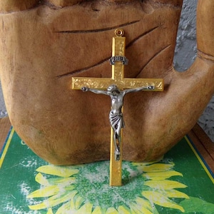 Metal crucifix, metal cross, hanging crucifix, religious home decor, gold and silver colored crucifix