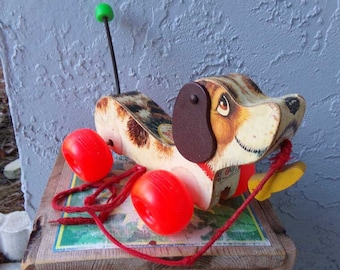 Fisher Price Little Snoopy pull toy 1965, wooden dog pull toy, vintage pull toy, wooden pull toy, vintage pull toy dog, wooden dog