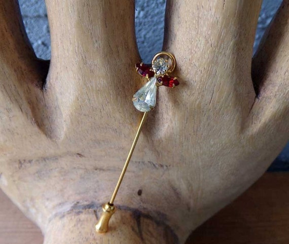 Angel stickpin, faux ruby angel stickpin, rhinestone angel stickpin, vintage angel stickpin