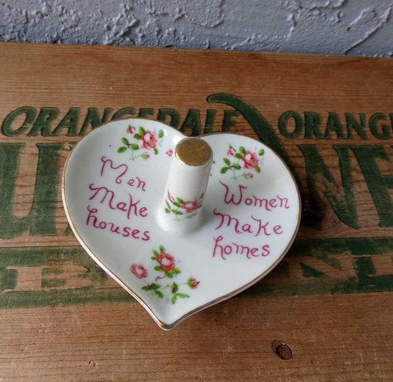 Ceramic ring holder, Enesco ring holder, Men Make Houses Woman Make homes vintage ring holder, vintage ring holder