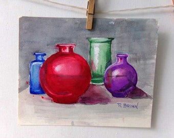 Watercolor painting, colorful bottles watercolor painting, bottle art, bottle painting, watercolor painting