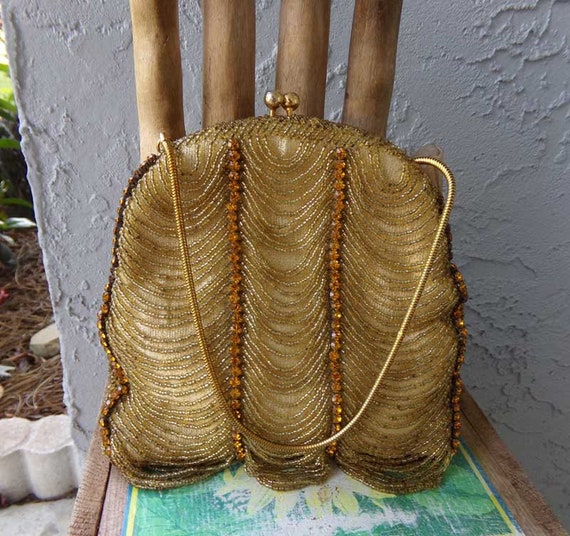 Gold beaded handbag, vintage beaded purse, gold ha