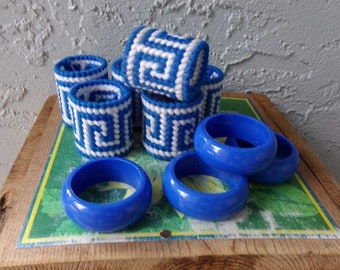 Royal blue napkin rings, canvas craft napkin rings, Greek pattern napkin rings, vintage blue napkin rings, napkin rings, Greek home decor