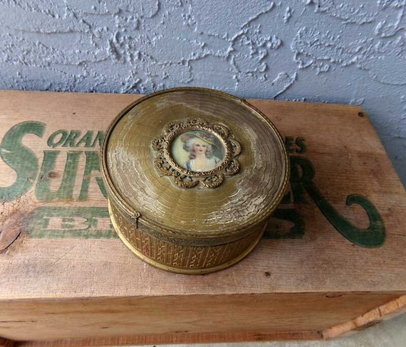 Brass powder container, POLLO empty powder container, vanity home decor, vintage powder container