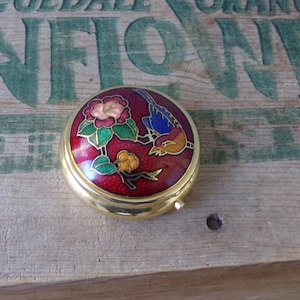 Cloisonne pill box, vintage pill box, floral pill box, decorative pill box, vintage metal pill box, Austria pill box