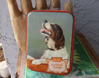 Sharp English candy tin, vintage English candy tin, vintage dog tin can, dog candy tin can, Sharp's English toffee candy tin