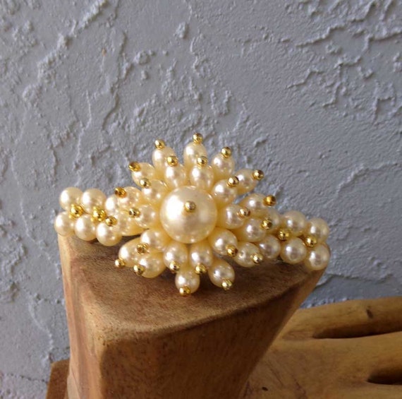 Vintage Faux Pearl Hair Barrette Vintage Faux Pearl Gold Bead Barrette Bow Stay Tight Hair  main image 3