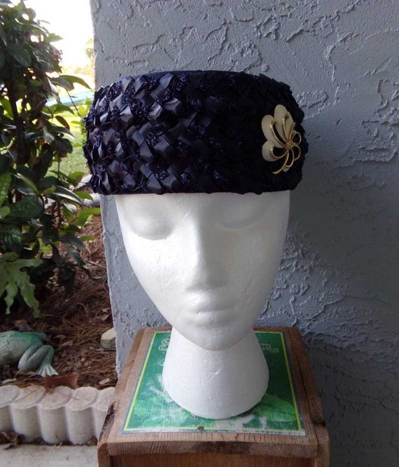 Blue straw pill box hat, vintage navy blue hat, vi