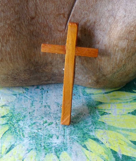 Wooden cross pin, wooden cross brooch, religious j