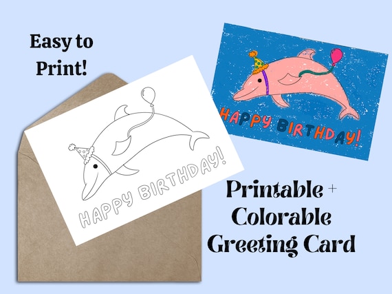 Printable Dolphin Coloring Birthday Card Print at Home - Etsy