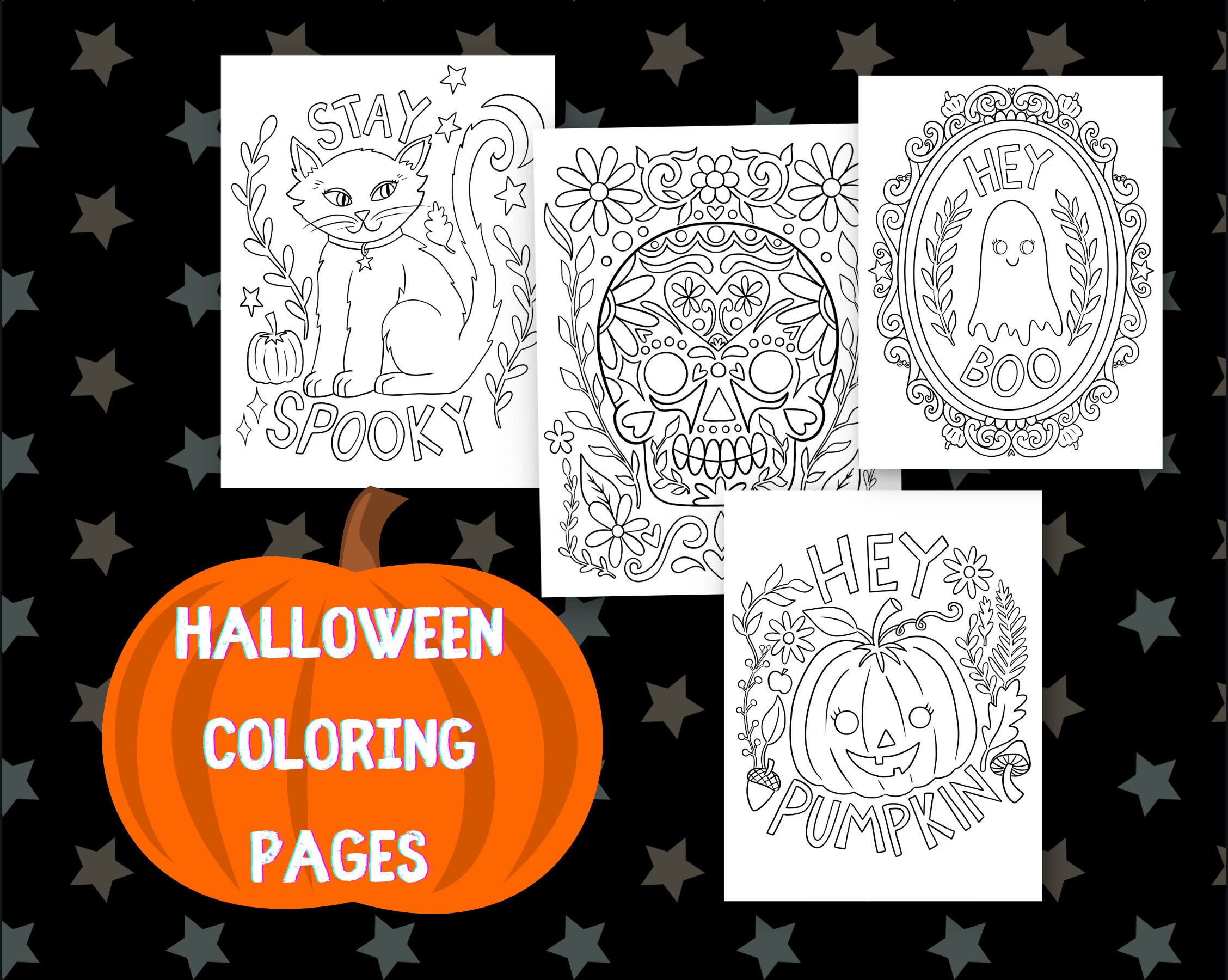 Halloween Coloring Pages, Four Full-page Coloring Sheets, Halloween