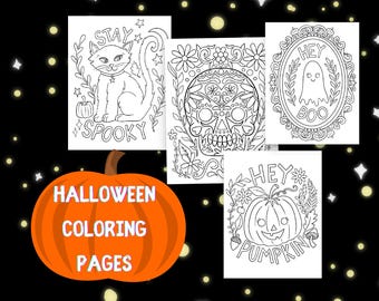 Páginas para colorir de Halloween, quatro folhas para colorir de página inteira, imprimíveis de Halloween, colorir de Halloween, atividades de Halloween, personagens assustadores