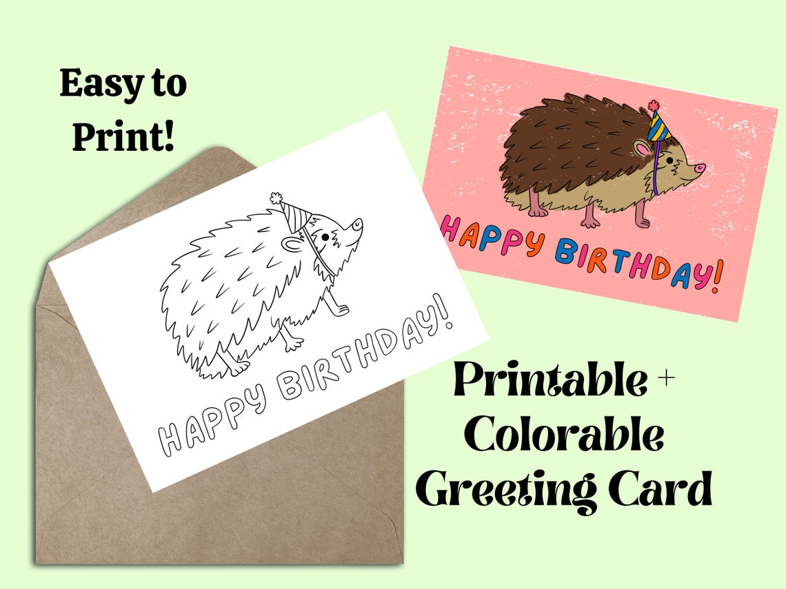 Printable Hedgehog Coloring Birthday Card Print at Home - Etsy