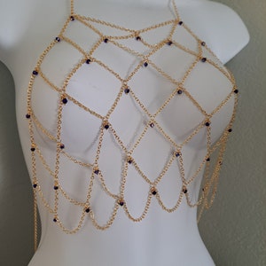 Gold colored mesh halter top with crystal accents (Purple)