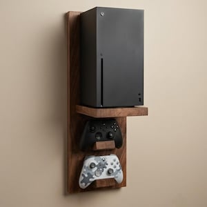 Xbox Series X Wall Mount with Dual Controller holder - Solid Walnut Floating Gaming Shelf & Setup Organizer