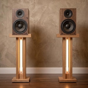 May include: Two dark wood bookshelf speakers with black circular drivers, each resting on a light oak wooden stand. The stands feature a vertical, illuminated white light tube integrated into the center column between the base and top platform.