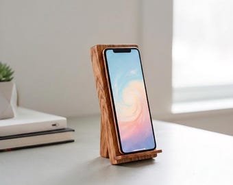 Wooden Phone Stand for Desk - Solid Oak Cell Phone Holder & Docking Station