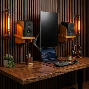 May include: A home office setup featuring a wooden desk with a laptop, mechanical keyboard, mouse, and headphones. Two speakers sit on wall-mounted wooden shelves flanking a vertical monitor. Industrial pipe wall lamps provide warm lighting.