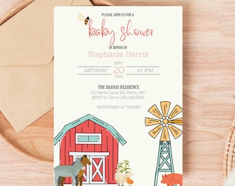 Farm Baby Shower Invitation • Editable Canva Template • Barnyard Theme • Digital Download