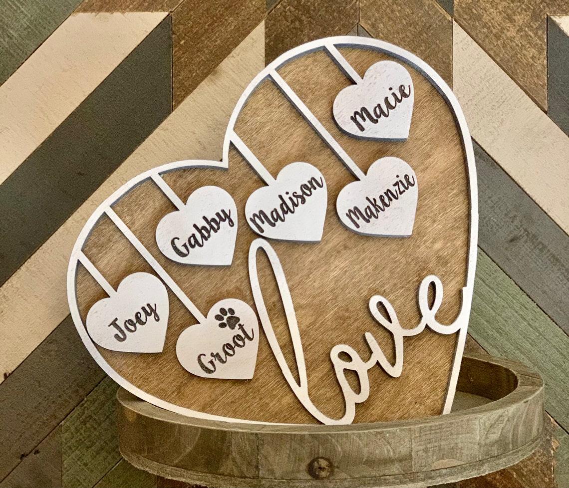 Family Names Hanging Hearts Love Wall Art Sign Tiered Tray Etsy