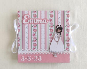 Personalized Holy Communion Accordion Guest Book for Girl Small Zig Zag Photo Album 16 x 16 cm Floral Keepsake