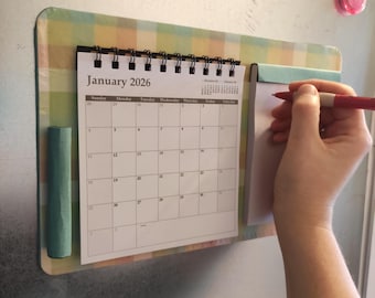 Pastel Plaid Magnetic Notepad and Calendar Set – Gingham Pattern Refillable Desk Organizer – Housewarming, Teacher Ideas or Christmas Gift
